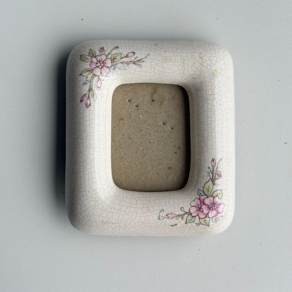 Vintage Hallmark 1984 Ceramic Picture Frame Cream Pink Floral Crazed Glaze 3x3